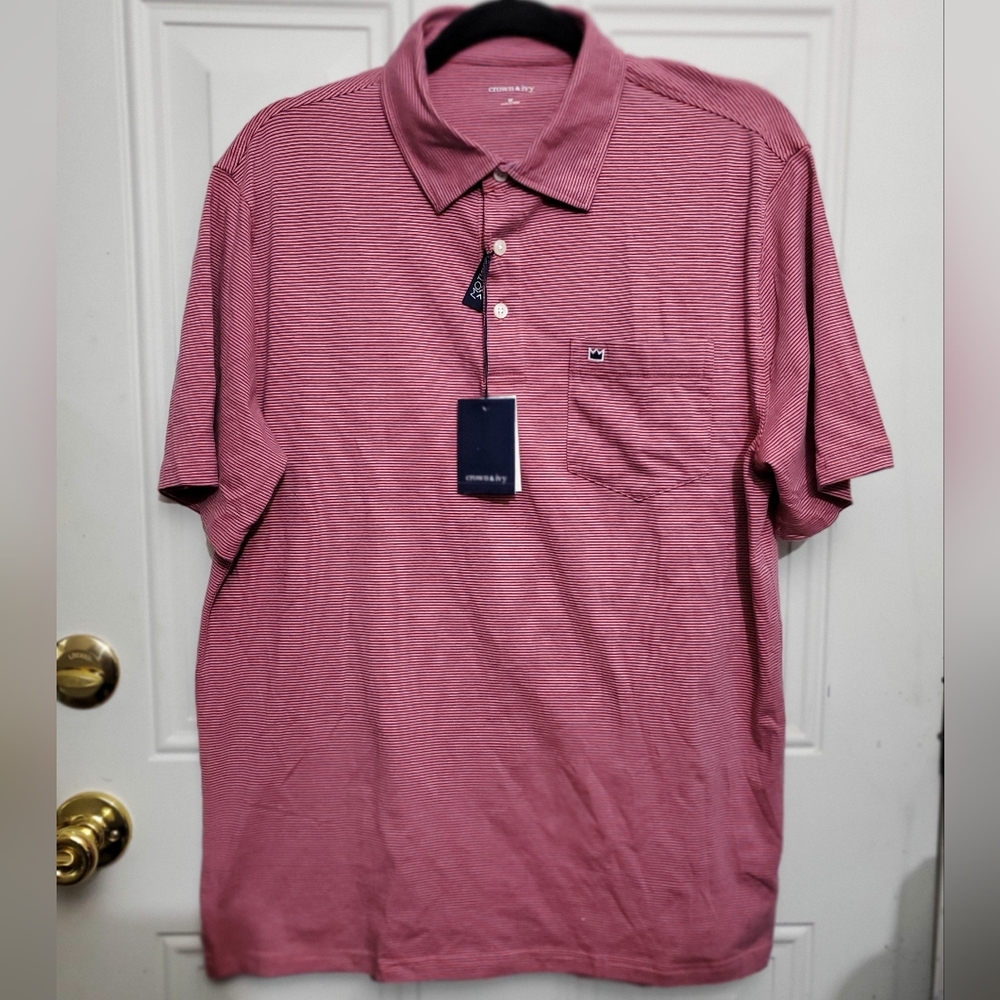 Crown & Ivy Motion Flex Soft Knit Polo Coral White Striped Men's Size Medium